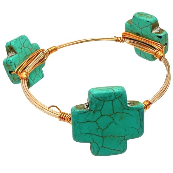 Boho Chic Wire Wrapped Bracelet Blue Cross Howlite Beads Coastal Handcrafted - Picture 1 of 5